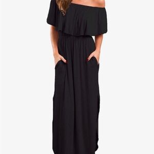 Women's Off Shoulder Summer Casual Long Ruffle Beach Maxi Dress with Pockets